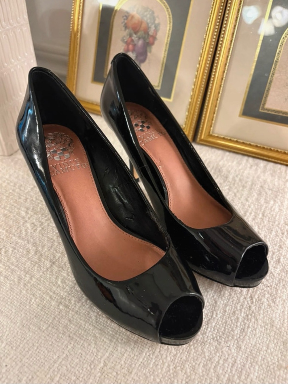 Vince Camuto Black Patent Peep-Toe Heels